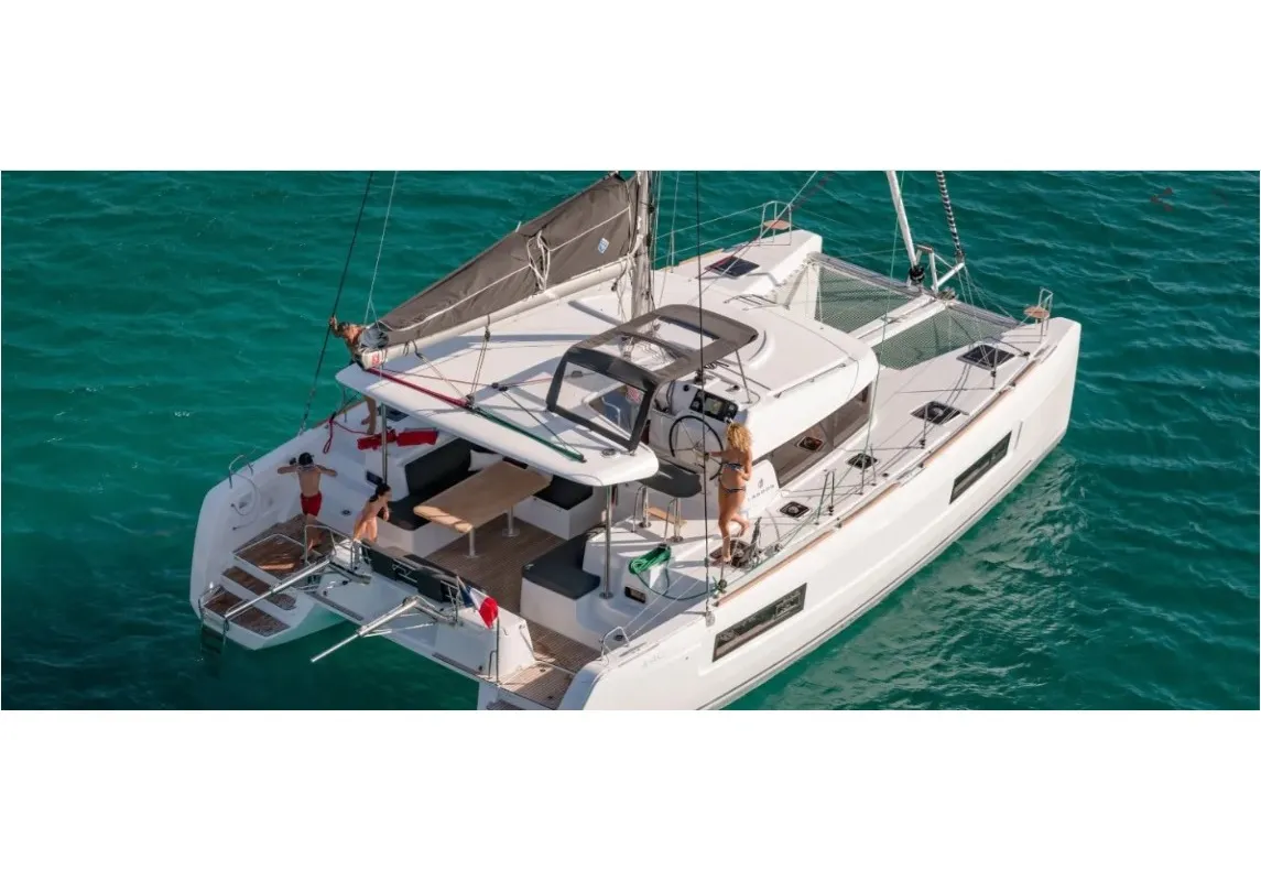 Exterior view of Sail Agena, a Lagoon 40 catamaran at Marmaris, Turkey