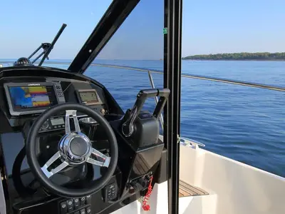 Cockpit of Blanca Rosa, a Jeanneau Merry Fisher 895 motorboat at Općina Sukošan, Croatia