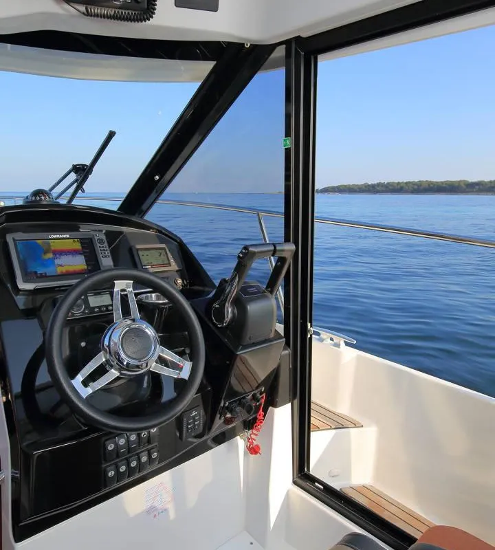 Cockpit of Blanca Rosa, a Jeanneau Merry Fisher 895 motorboat at Općina Sukošan, Croatia