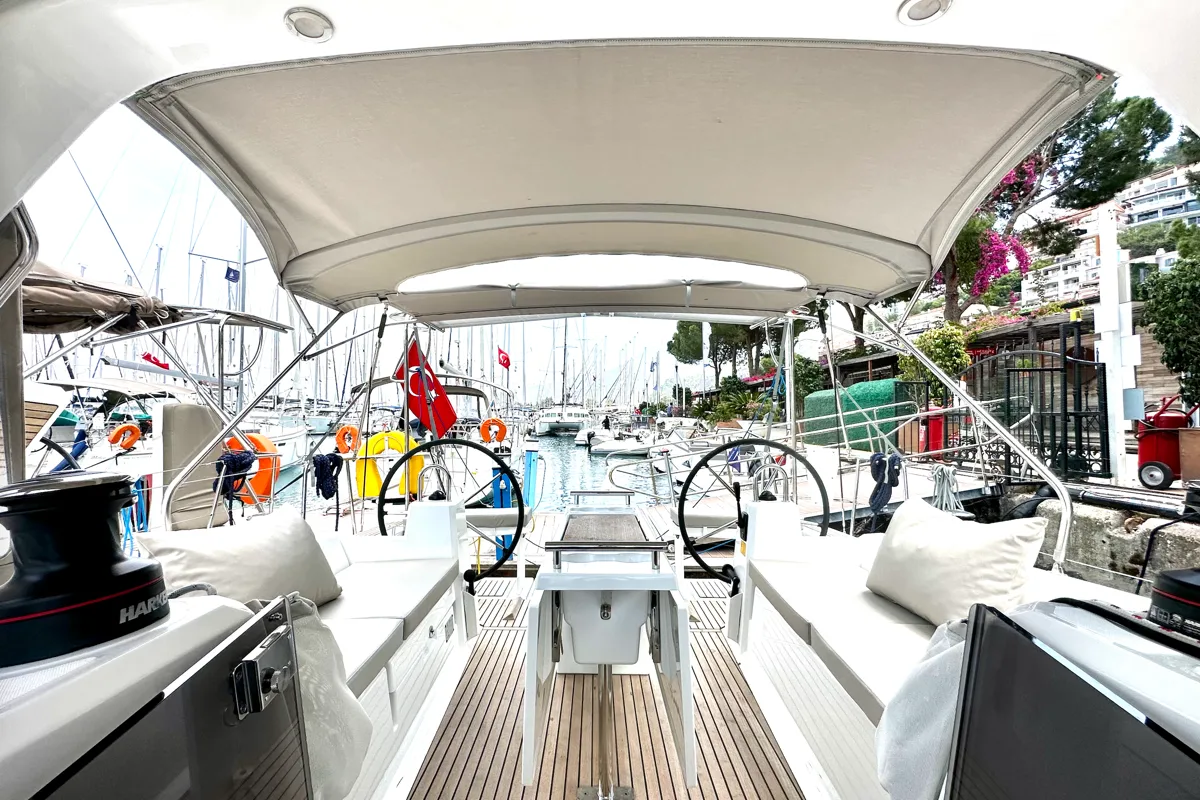 Cockpit of Sail Pride, a Beneteau Oceanis 38.1 sailboat at Marmaris, Turkey