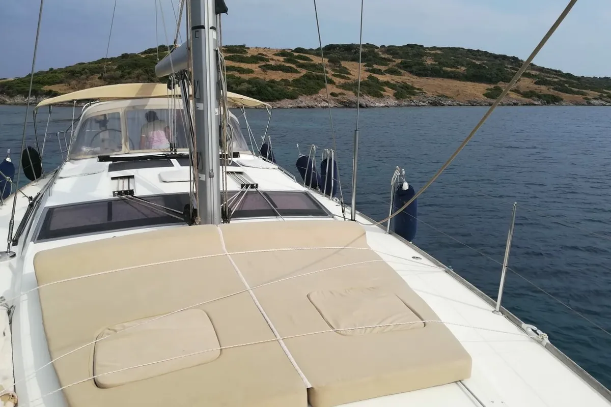 Deck of Aybalam, a Jeanneau 53 sailboat at Bodrum, Turkey