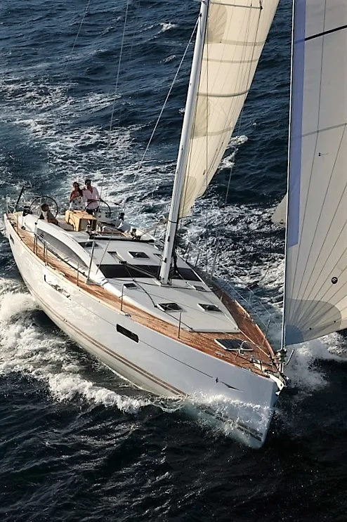Exterior view of Aybalam, a Jeanneau 53 sailboat at Bodrum, Turkey