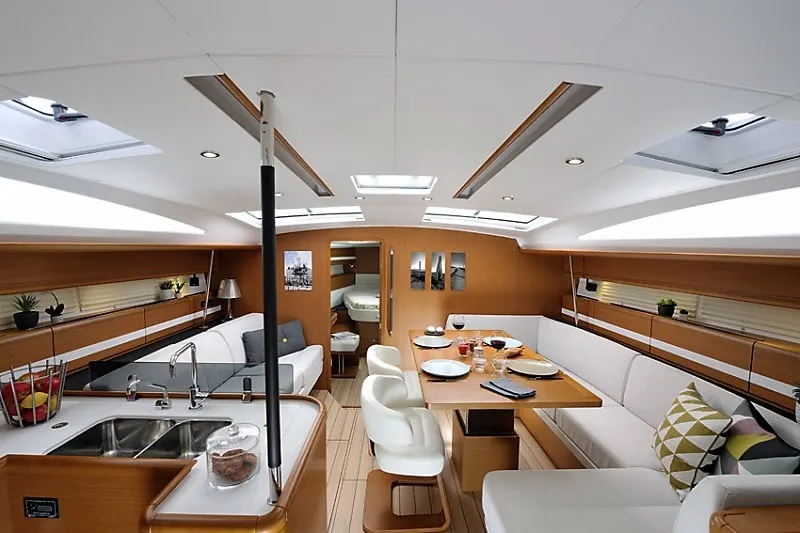 Salon of Aybalam, a Jeanneau 53 sailboat at Bodrum, Turkey