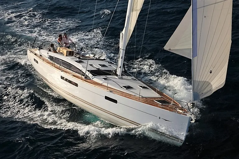 Exterior view of Aybalam, a Jeanneau 53 sailboat at Bodrum, Turkey