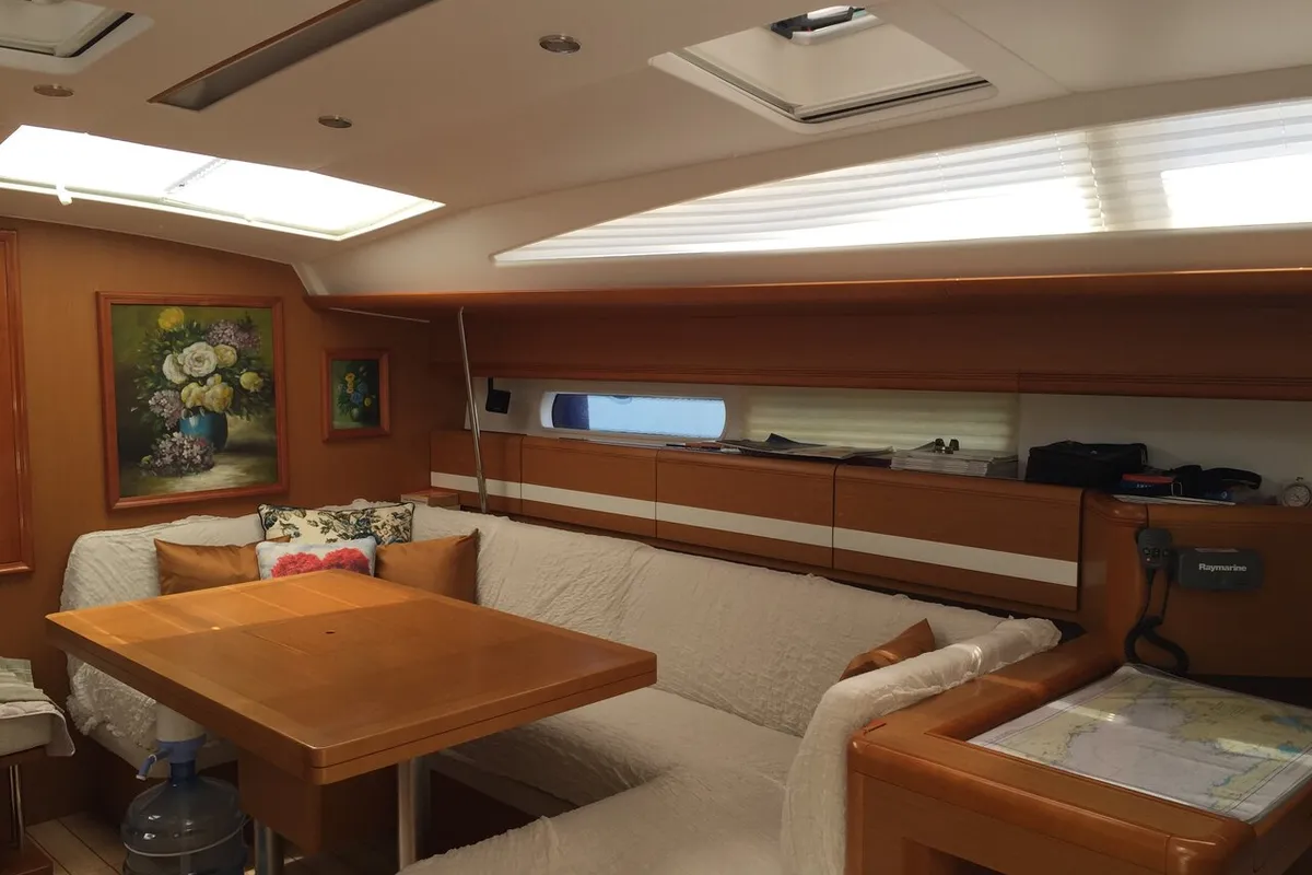 Salon of Aybalam, a Jeanneau 53 sailboat at Bodrum, Turkey