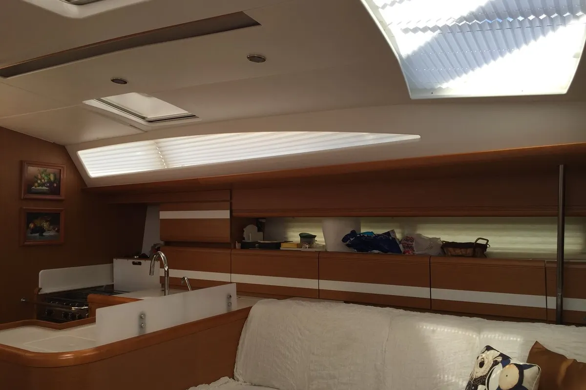 Salon of Aybalam, a Jeanneau 53 sailboat at Bodrum, Turkey