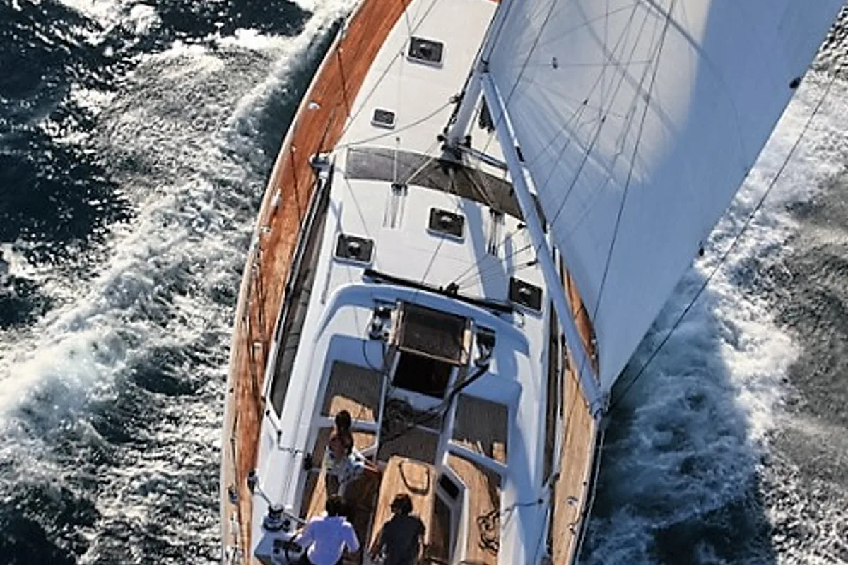 Exterior view of Aybalam, a Jeanneau 53 sailboat at Bodrum, Turkey