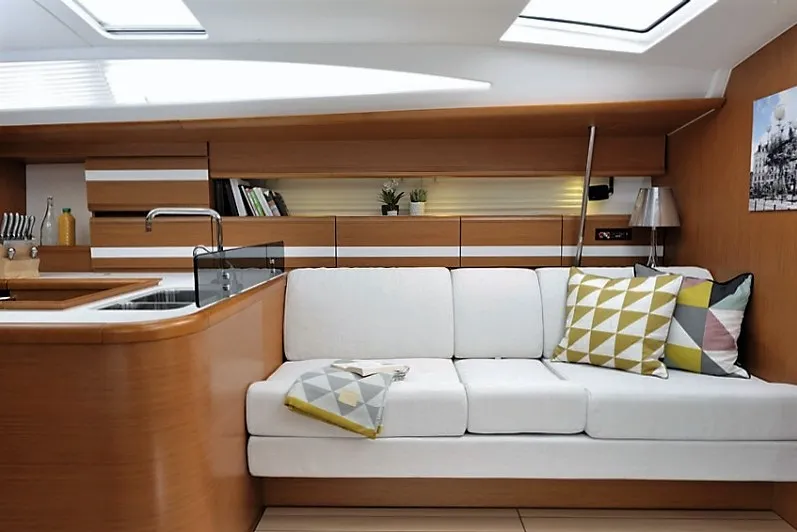 Salon of Aybalam, a Jeanneau 53 sailboat at Bodrum, Turkey
