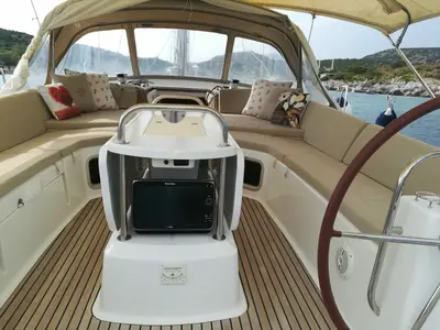 Cockpit of Aybalam, a Jeanneau 53 sailboat at Bodrum, Turkey