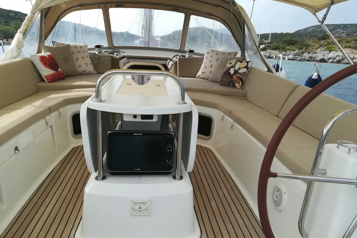 Cockpit of Aybalam, a Jeanneau 53 sailboat at Bodrum, Turkey