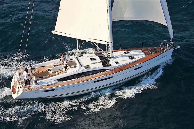 Exterior view of Aybalam, a Jeanneau 53 sailboat at Bodrum, Turkey