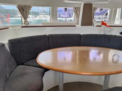 Salon of Papanga, a Lagoon 380 catamaran at Roche Caiman, Seychelles
