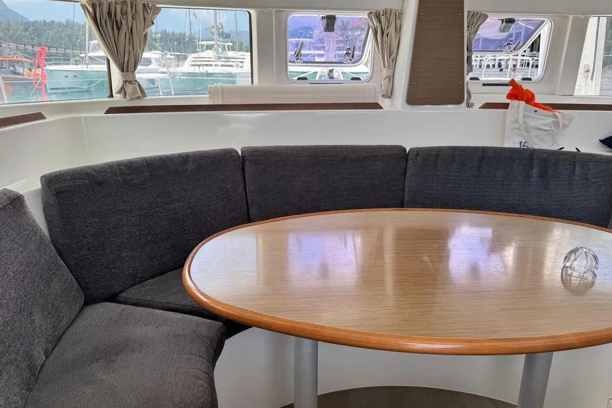 Salon of Papanga, a Lagoon 380 catamaran at Roche Caiman, Seychelles