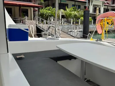 Deck of Papanga, a Lagoon 380 catamaran at Roche Caiman, Seychelles