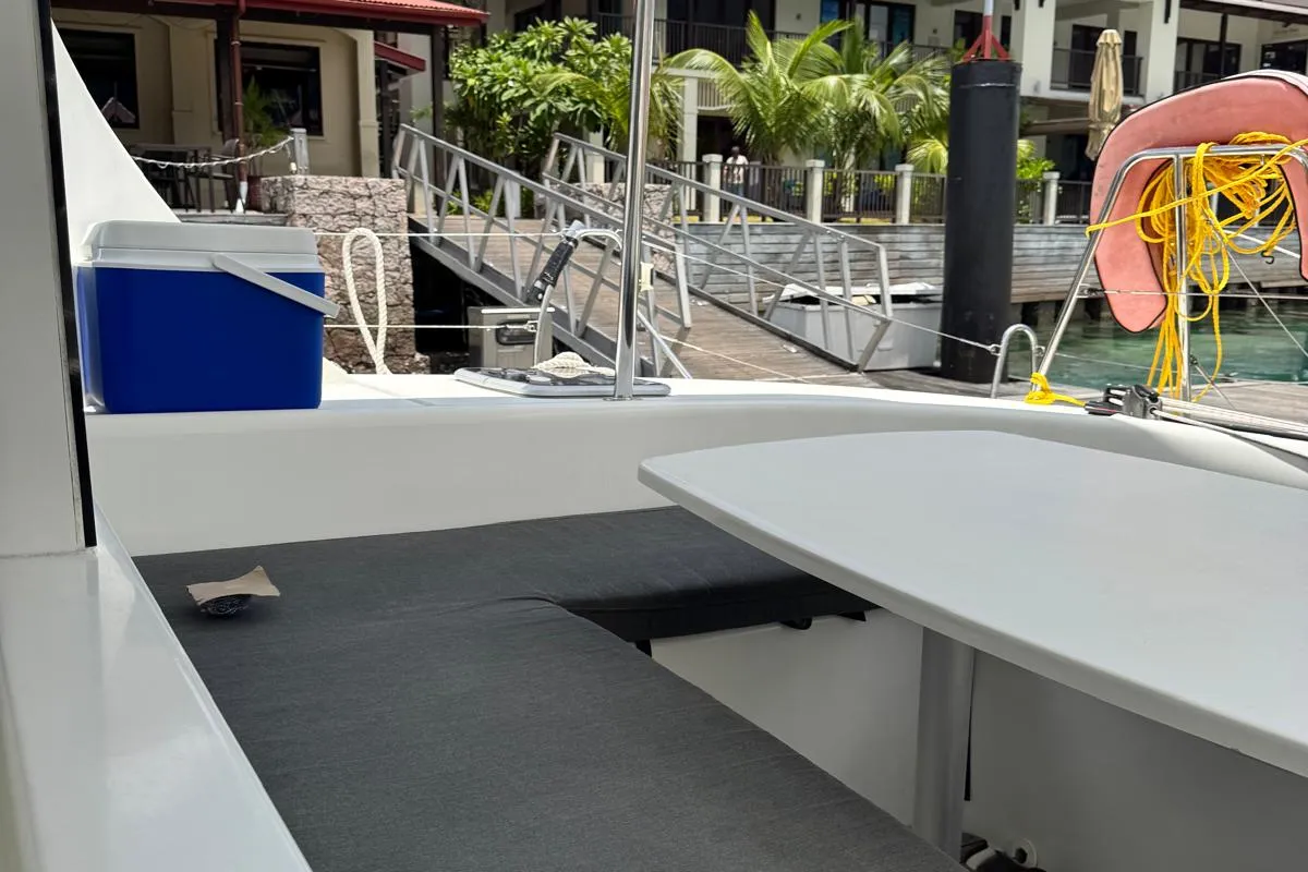 Deck of Papanga, a Lagoon 380 catamaran at Roche Caiman, Seychelles