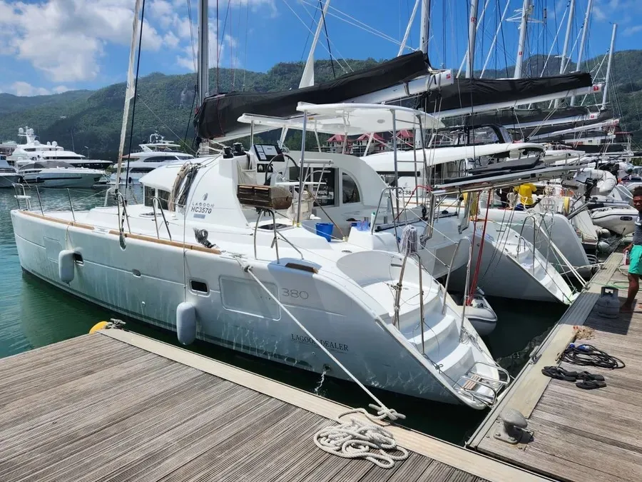 Exterior view of Papanga, a Lagoon 380 catamaran at Roche Caiman, Seychelles