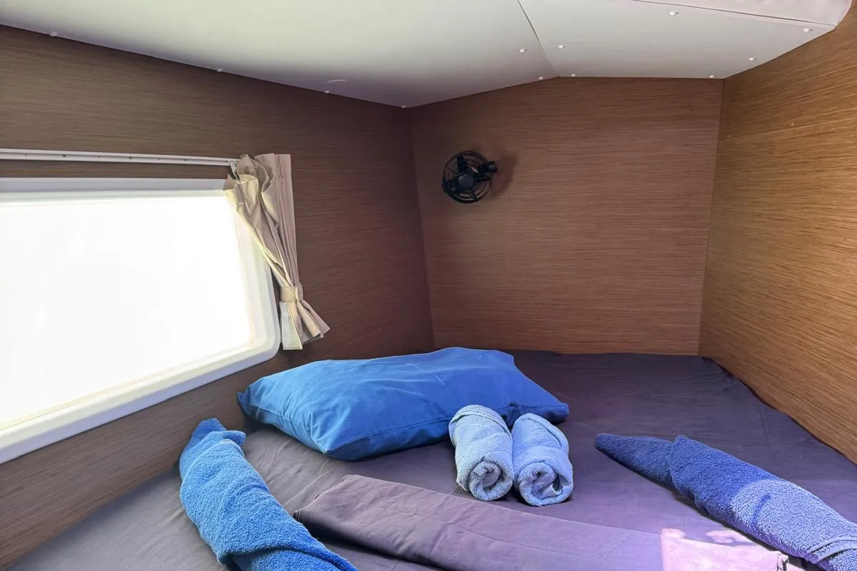 Cabin on Papanga, a Lagoon 380 catamaran at Roche Caiman, Seychelles
