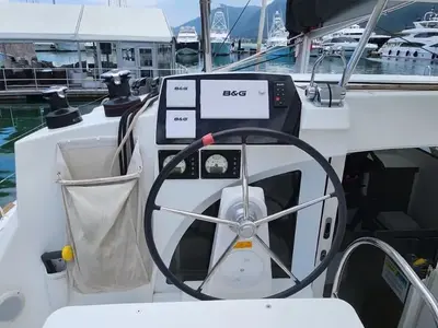 Cockpit of Papanga, a Lagoon 380 catamaran at Roche Caiman, Seychelles