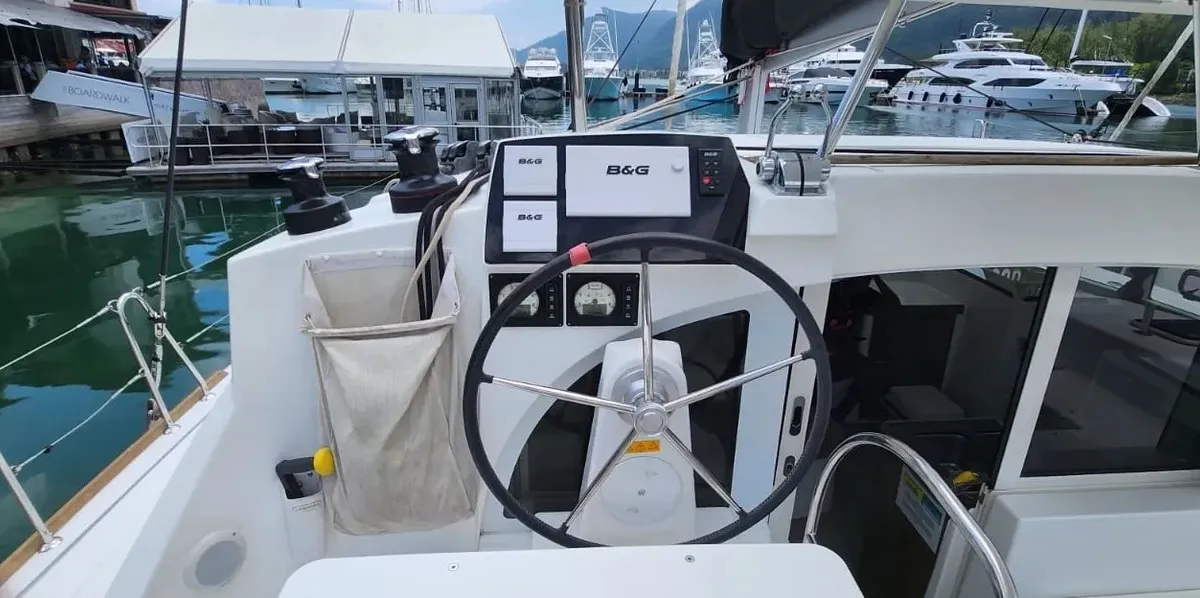 Cockpit of Papanga, a Lagoon 380 catamaran at Roche Caiman, Seychelles