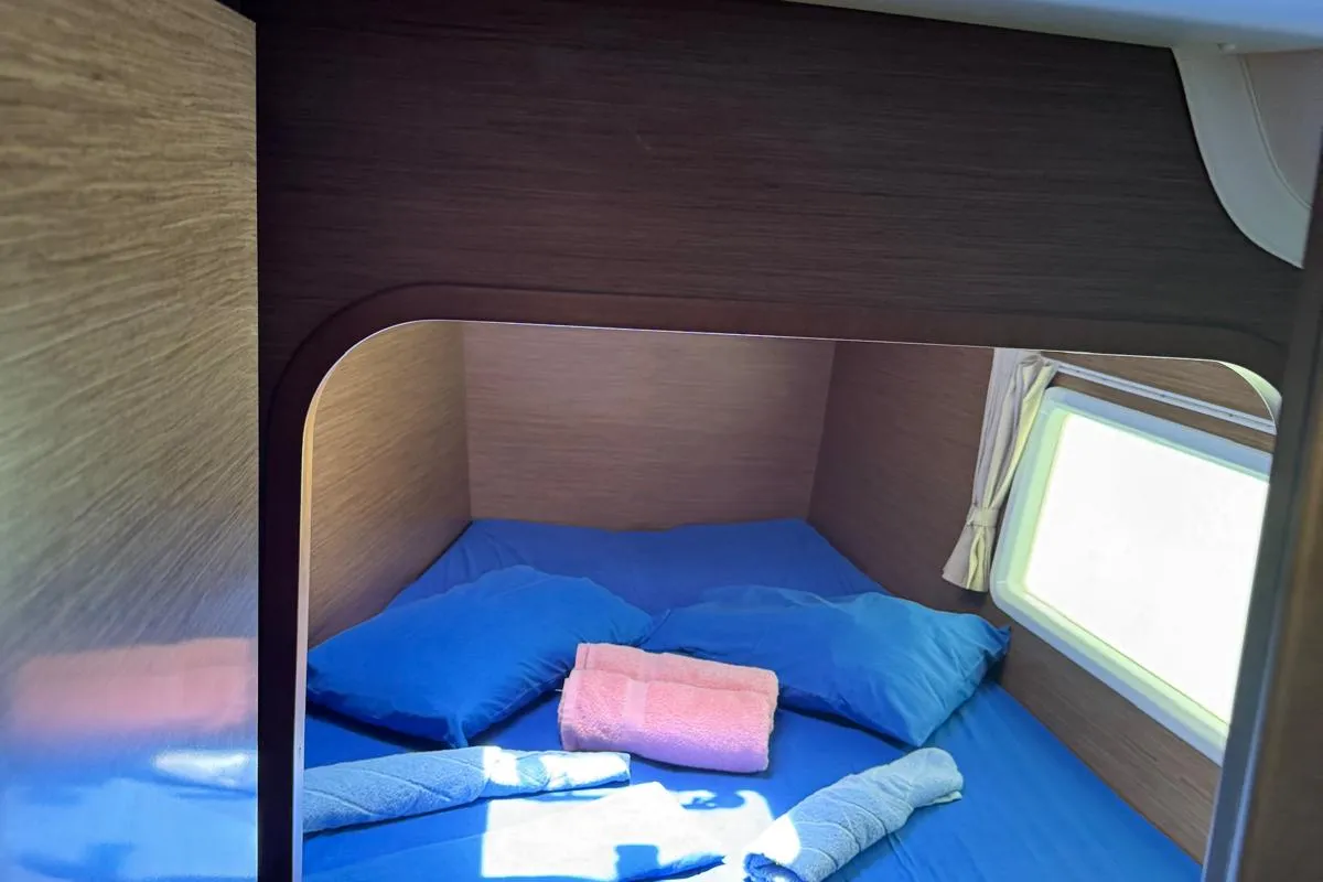 Cabin on Papanga, a Lagoon 380 catamaran at Roche Caiman, Seychelles