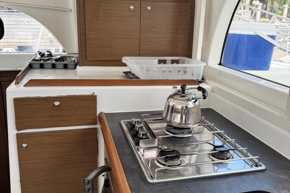 Galley of Papanga, a Lagoon 380 catamaran at Roche Caiman, Seychelles