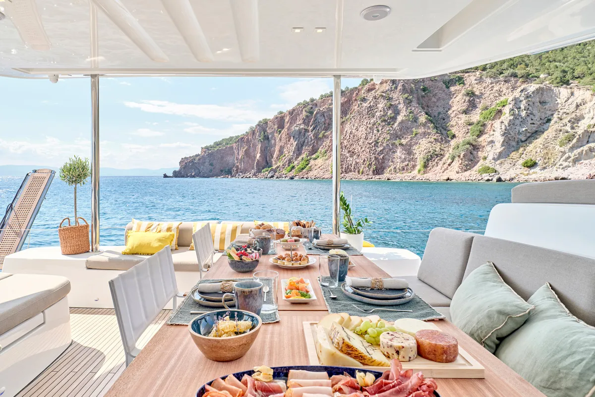 Deck of Lagoon 51, a catamaran at Athens, Greece