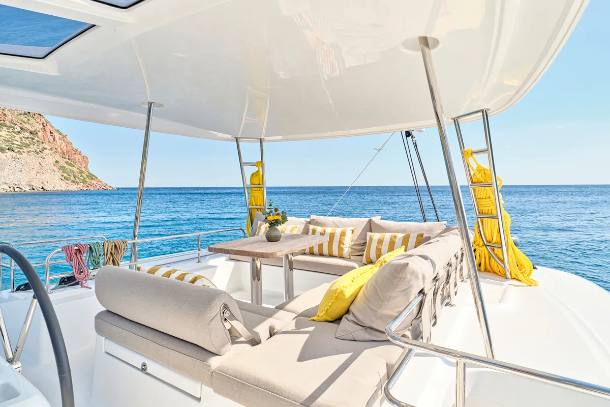 Deck of Lagoon 51, a catamaran at Athens, Greece