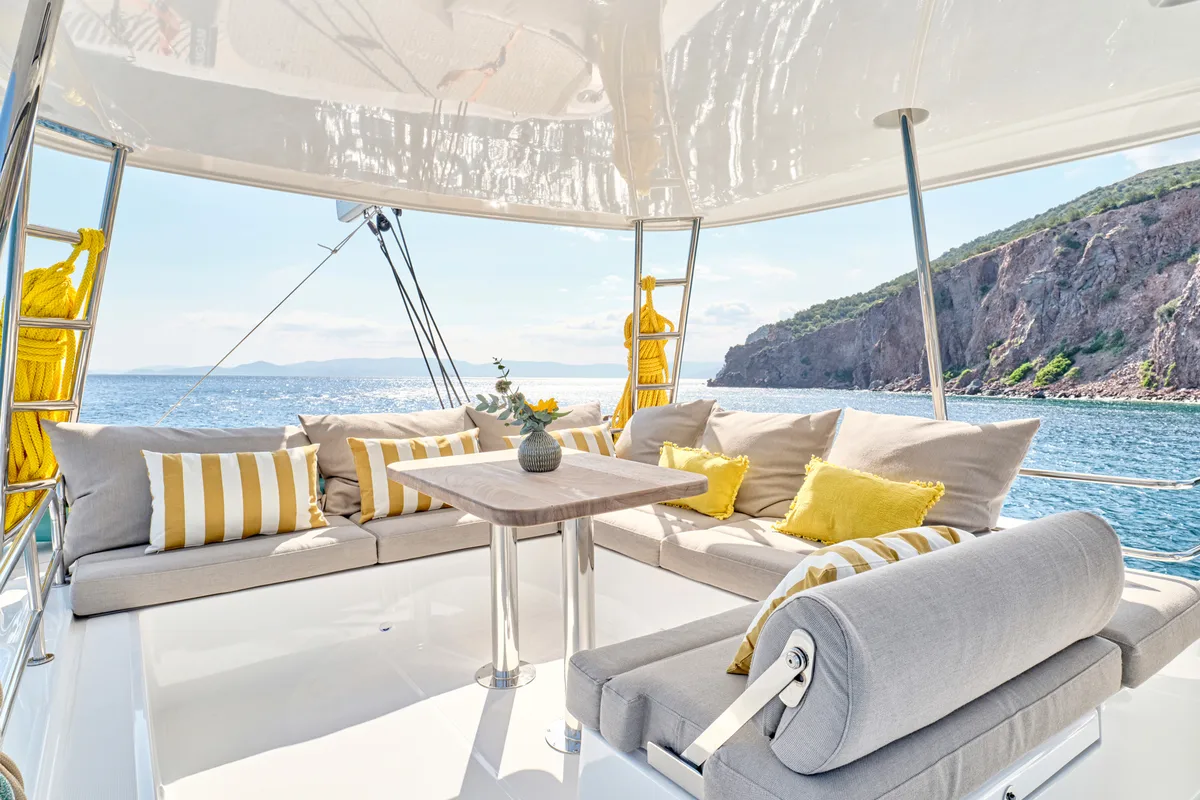 Deck of Lagoon 51, a catamaran at Athens, Greece