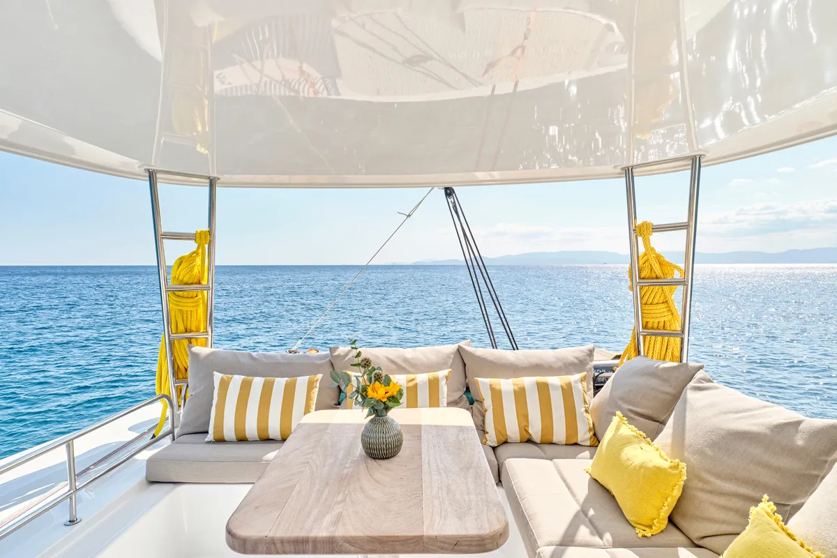 Deck of Lagoon 51, a catamaran at Athens, Greece