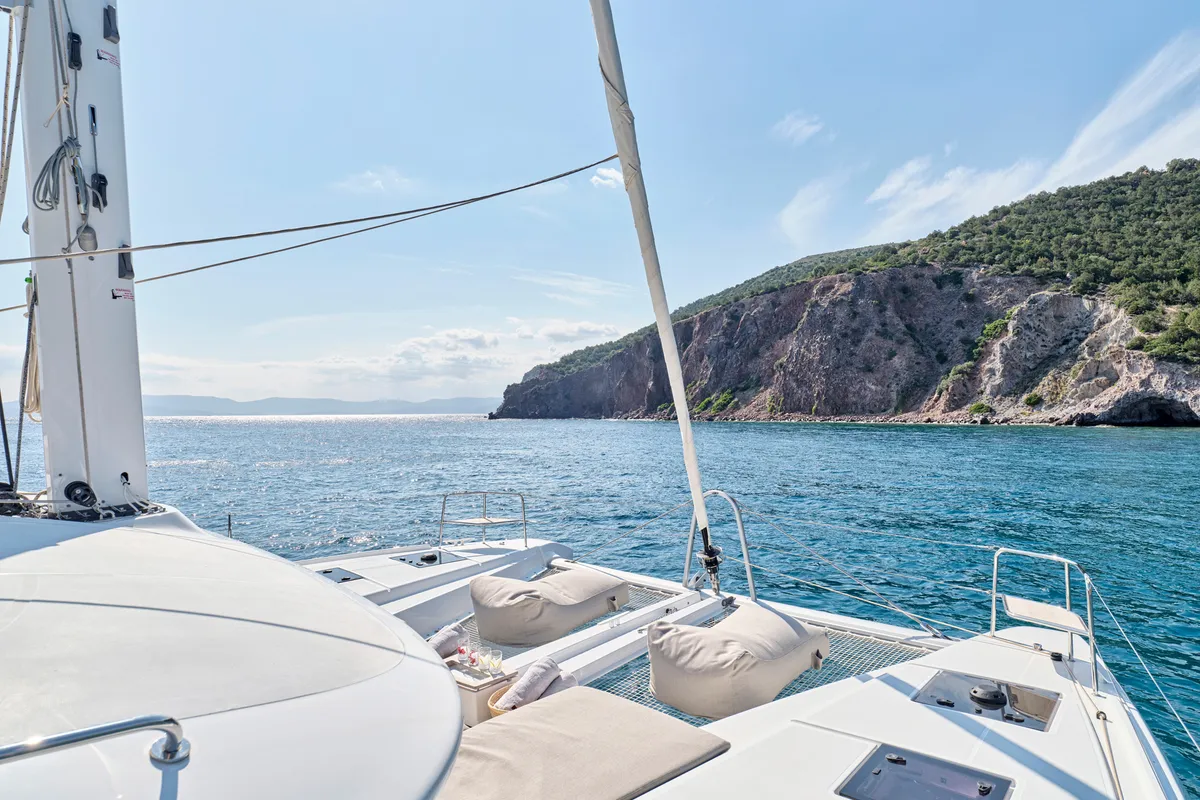 Deck of Lagoon 51, a catamaran at Athens, Greece