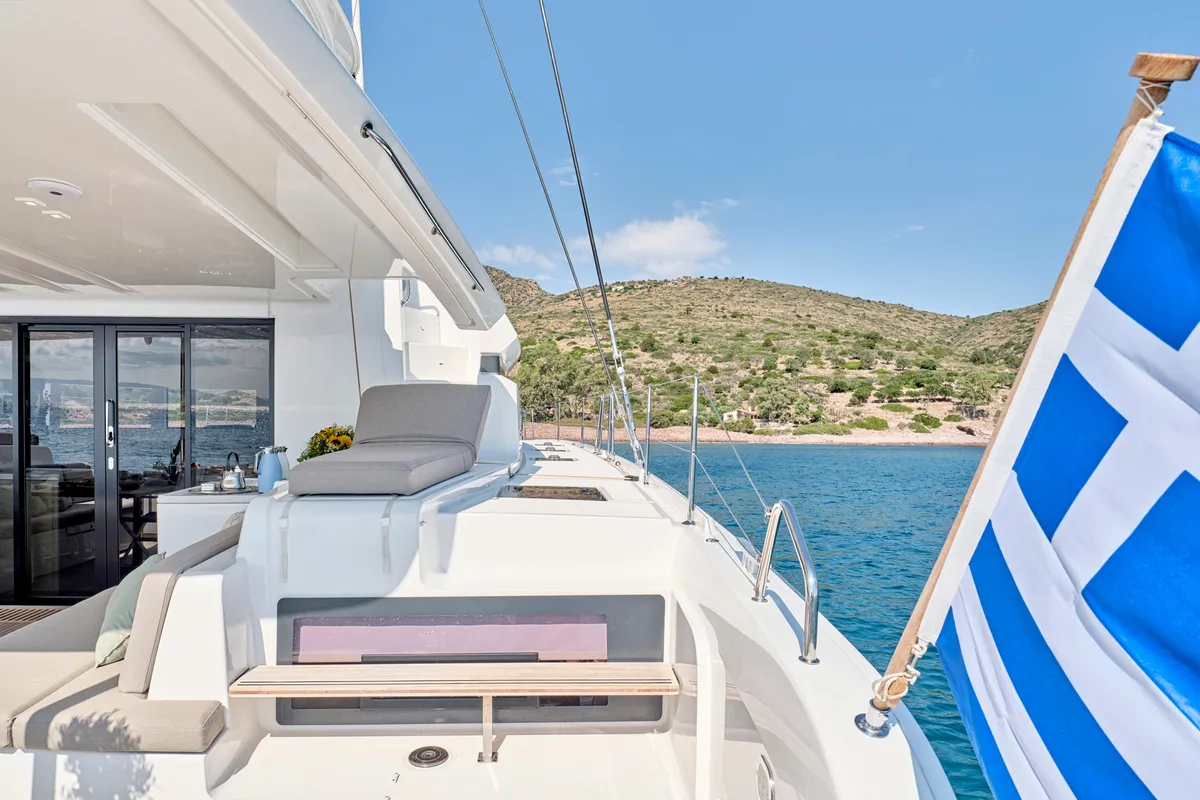 Deck of Lagoon 51, a catamaran at Athens, Greece