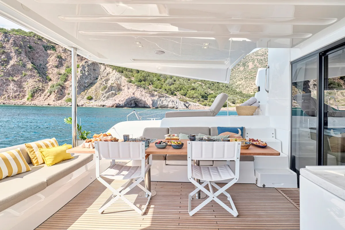Deck of Lagoon 51, a catamaran at Athens, Greece