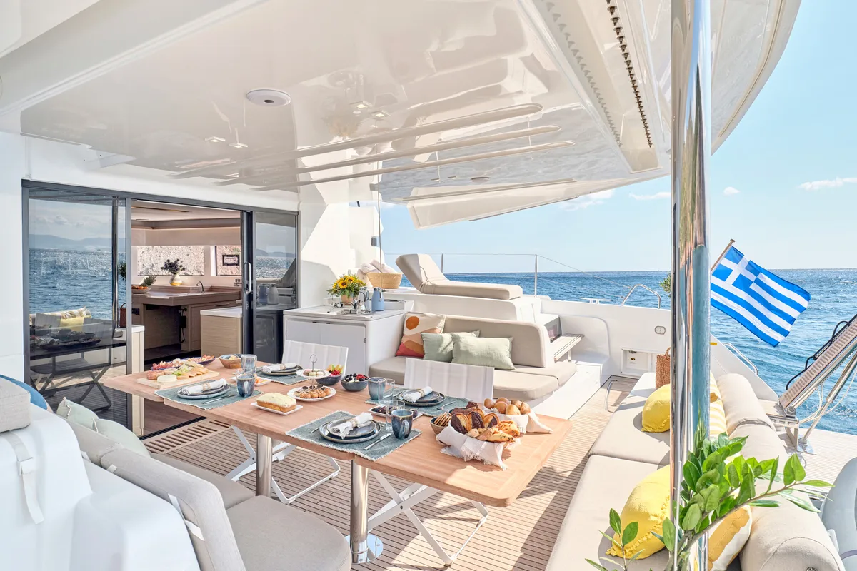 Deck of Lagoon 51, a catamaran at Athens, Greece