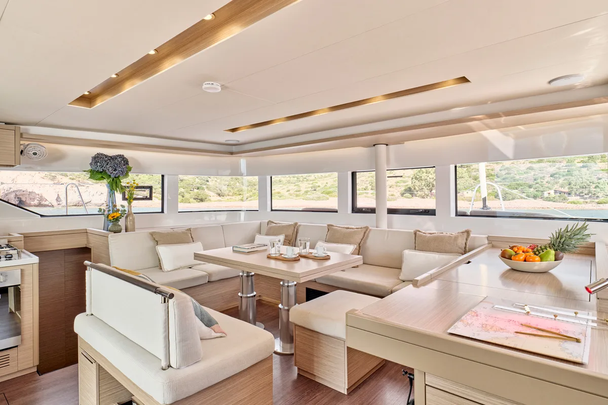Salon of Lagoon 51, a catamaran at Athens, Greece