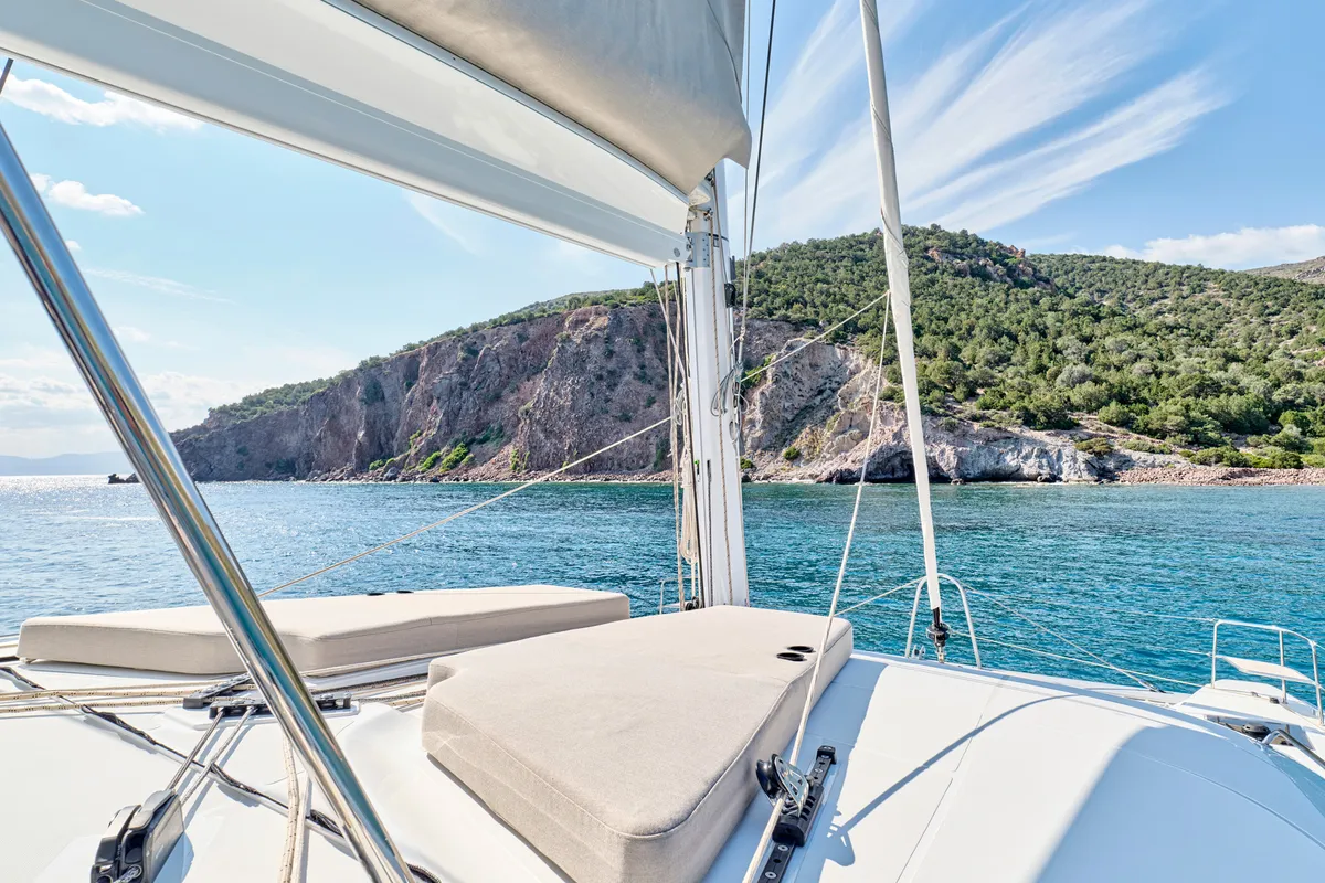 Deck of Lagoon 51, a catamaran at Athens, Greece