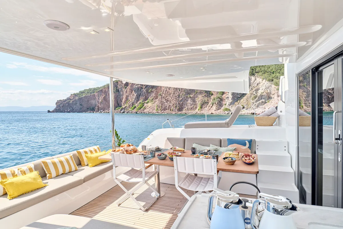 Deck of Lagoon 51, a catamaran at Athens, Greece