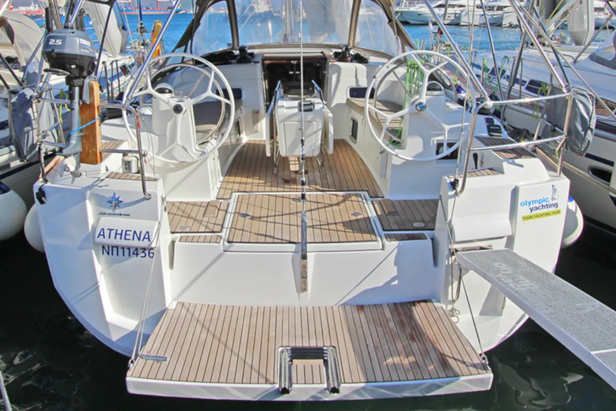 Exterior view of Athena, a Jeanneau Sun Odyssey 479 sailboat at Lavreotiki Municipal Unit, Greece