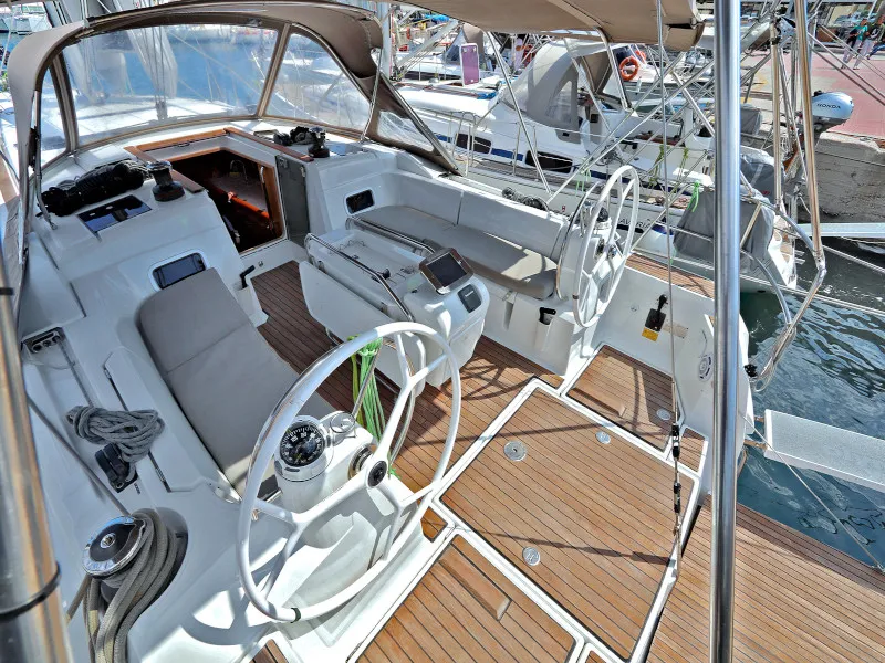 Cockpit of Athena, a Jeanneau Sun Odyssey 479 sailboat at Lavreotiki Municipal Unit, Greece