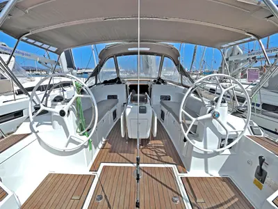 Cockpit of Athena, a Jeanneau Sun Odyssey 479 sailboat at Lavreotiki Municipal Unit, Greece