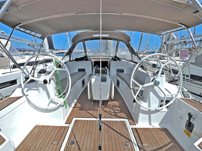 Cockpit of Athena, a Jeanneau Sun Odyssey 479 sailboat at Lavreotiki Municipal Unit, Greece
