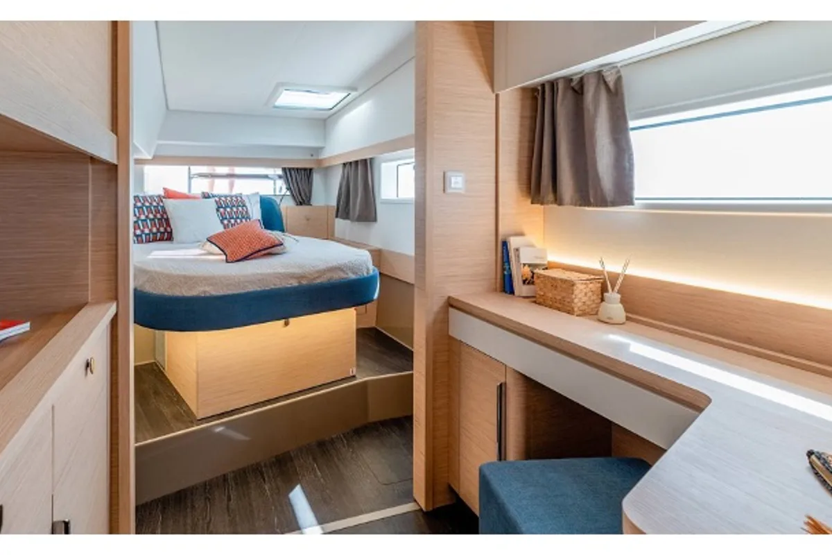 Cabin on Cinséluna, a Fountaine Pajot FP 44 Maestro catamaran at Ventimiglia, Italy