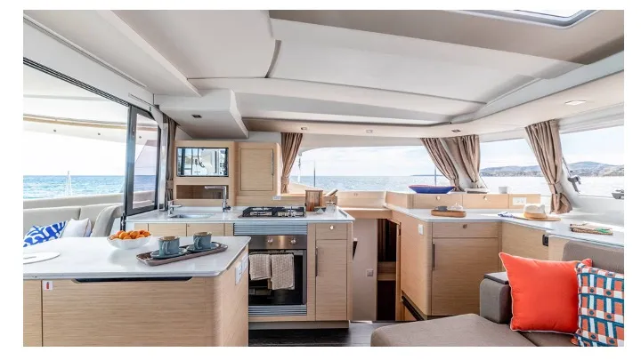 Salon of Cinséluna, a Fountaine Pajot FP 44 Maestro catamaran at Ventimiglia, Italy