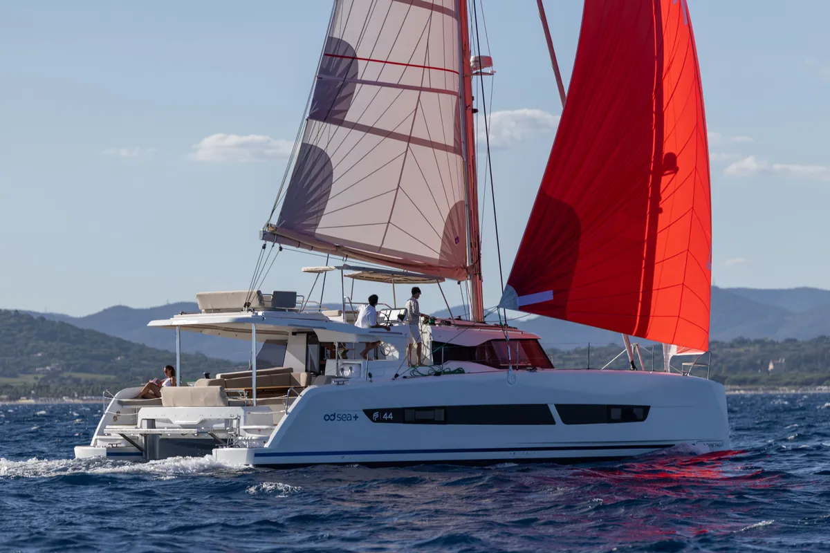 Exterior view of Cinséluna, a Fountaine Pajot FP 44 Maestro catamaran at Ventimiglia, Italy