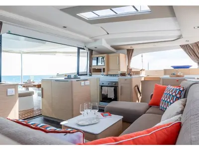 Salon of Cinséluna, a Fountaine Pajot FP 44 Maestro catamaran at Ventimiglia, Italy