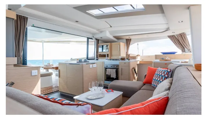 Salon of Cinséluna, a Fountaine Pajot FP 44 Maestro catamaran at Ventimiglia, Italy