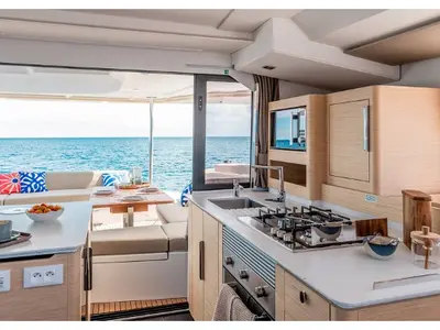 Galley of Cinséluna, a Fountaine Pajot FP 44 Maestro catamaran at Ventimiglia, Italy