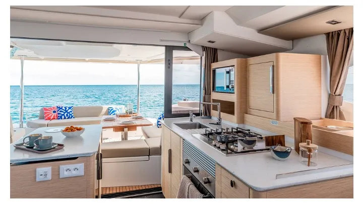 Galley of Cinséluna, a Fountaine Pajot FP 44 Maestro catamaran at Ventimiglia, Italy