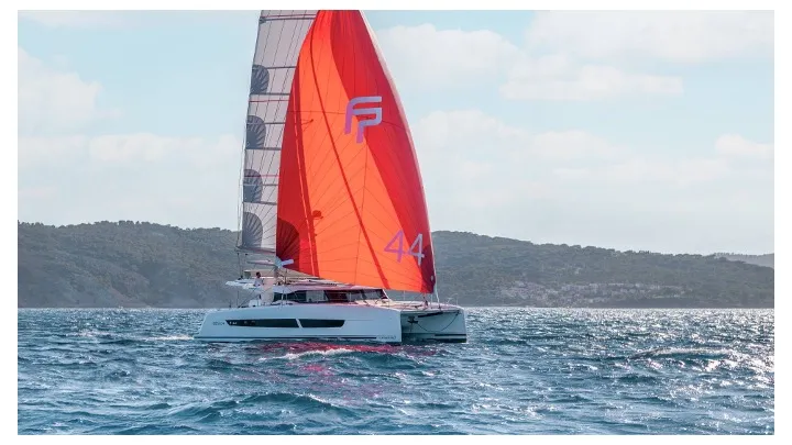 Exterior view of Cinséluna, a Fountaine Pajot FP 44 Maestro catamaran at Ventimiglia, Italy