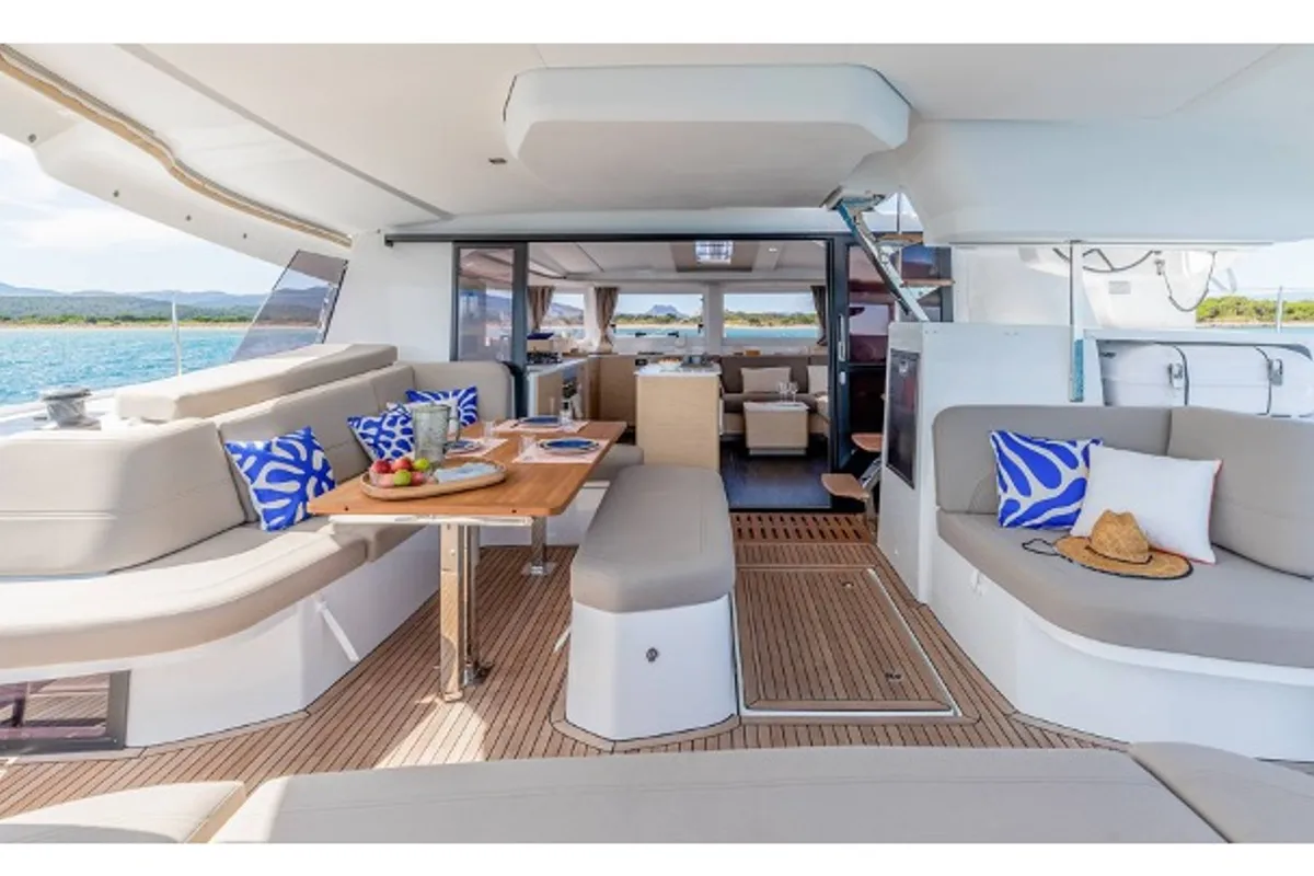 Deck of Cinséluna, a Fountaine Pajot FP 44 Maestro catamaran at Ventimiglia, Italy