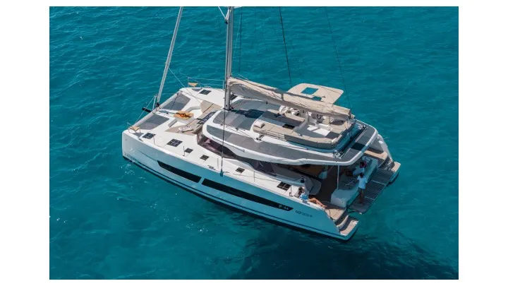 Exterior view of Cinséluna, a Fountaine Pajot FP 44 Maestro catamaran at Ventimiglia, Italy